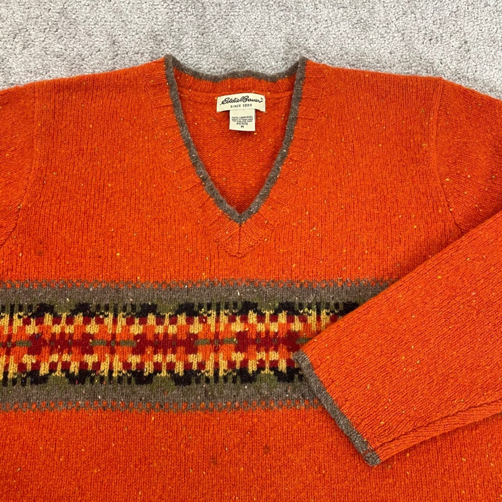 Vintage Eddie Bauer Sweater Womens Medium Petite Lambswool Y2K Fair Isle V Neck